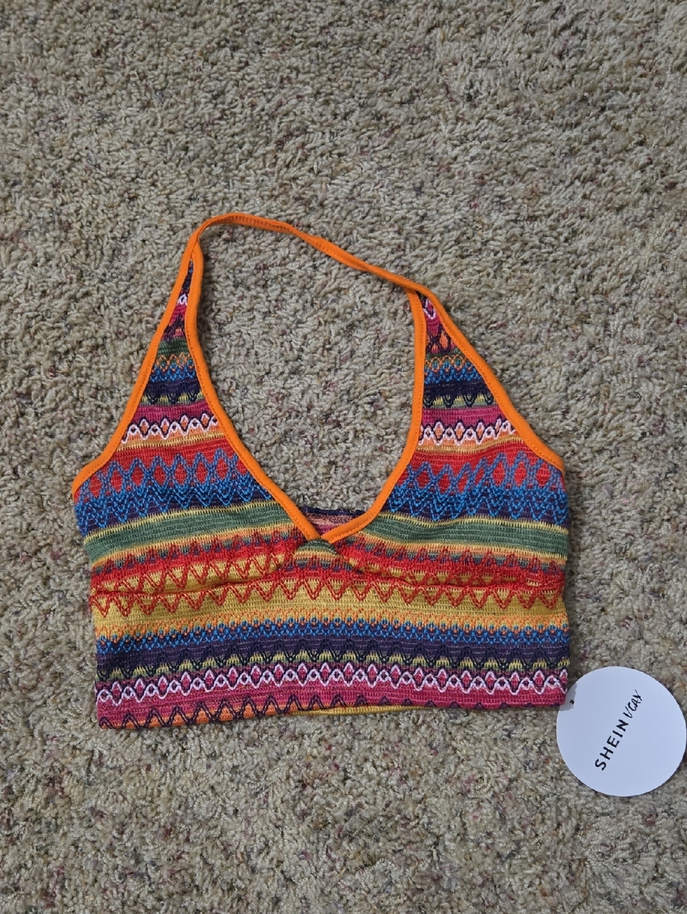 SHEIN Multicolor Striped Knit Halter Crop Top with Orange Trim